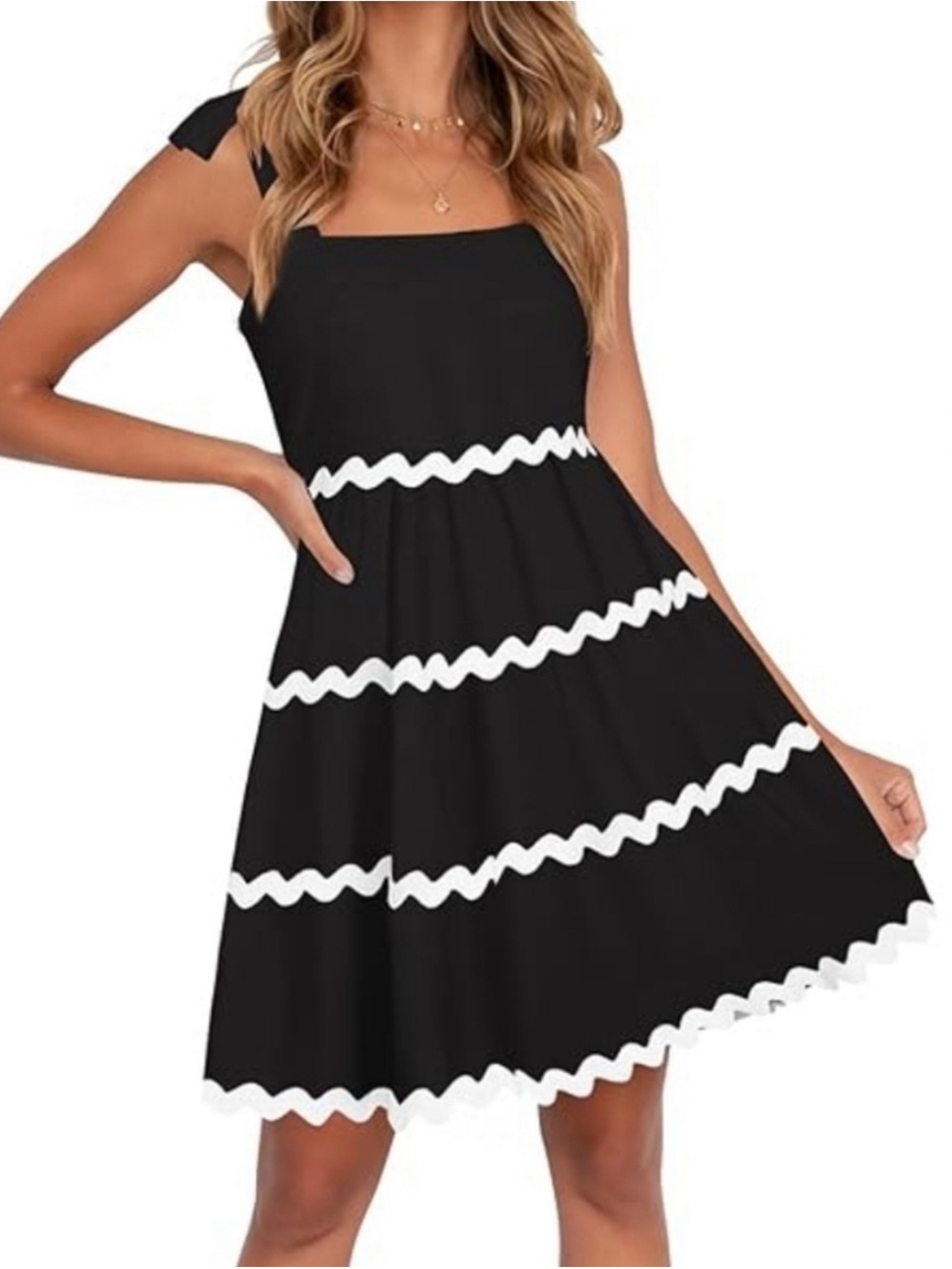 Zesica Black Sundress with White Wavy Trim